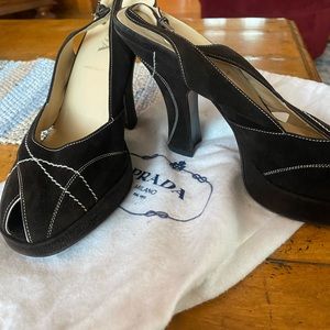 Prada Brown suede sling back peep toe cutout shoe